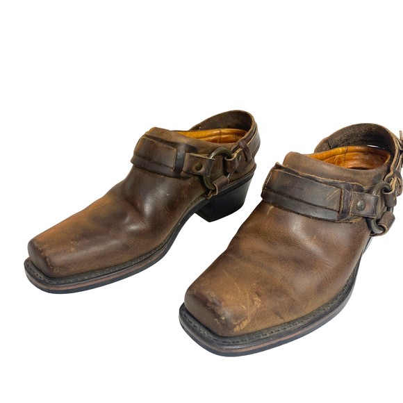 Frye Shoes - Frye Belted Harness Distressed Brown Leather Slip-On Mule Shoes Size 7 1/5 USA